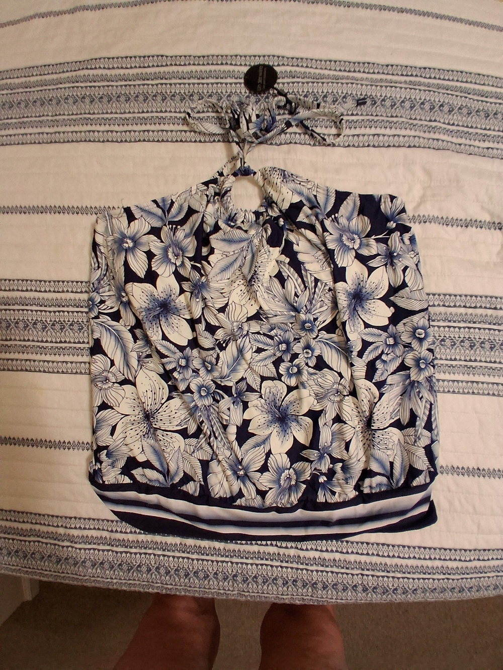 Floral Halter Tankini Top - Navy & White